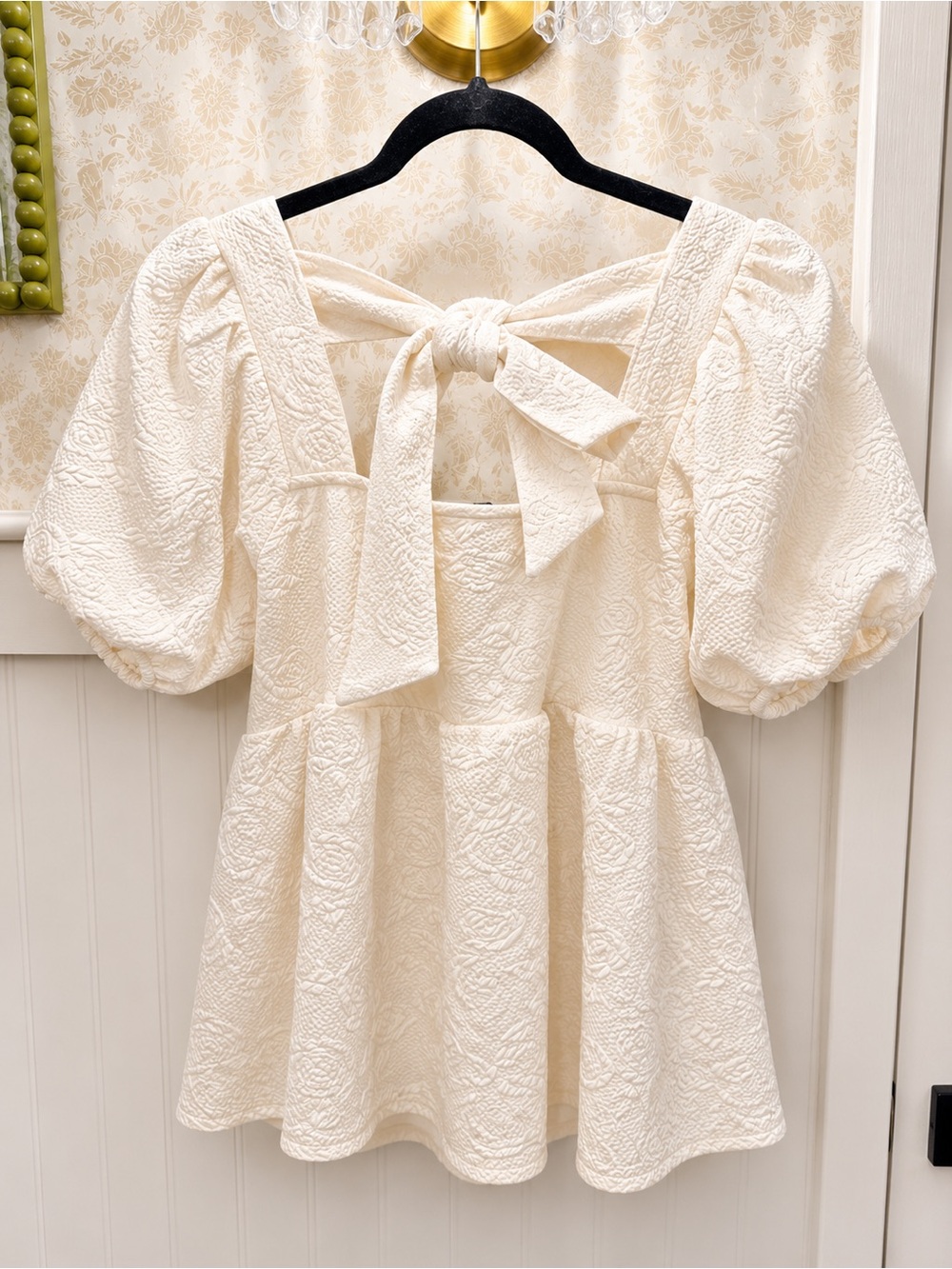 mine Ivory Textured Puff-Sleeve Tie-Back Top